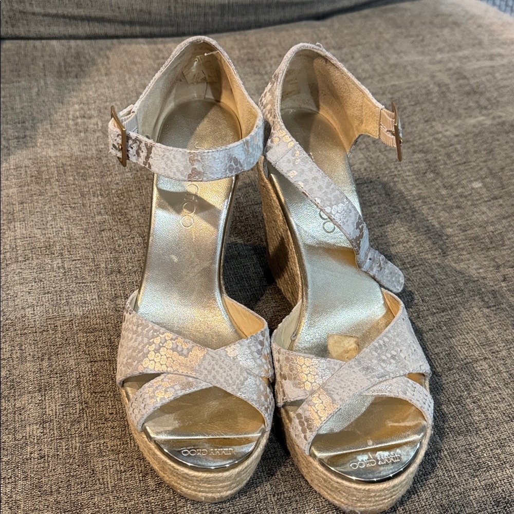 Jimmy Choo Beige Snake-Print Espadrille Wedge Sandals - Picture 2 of 5